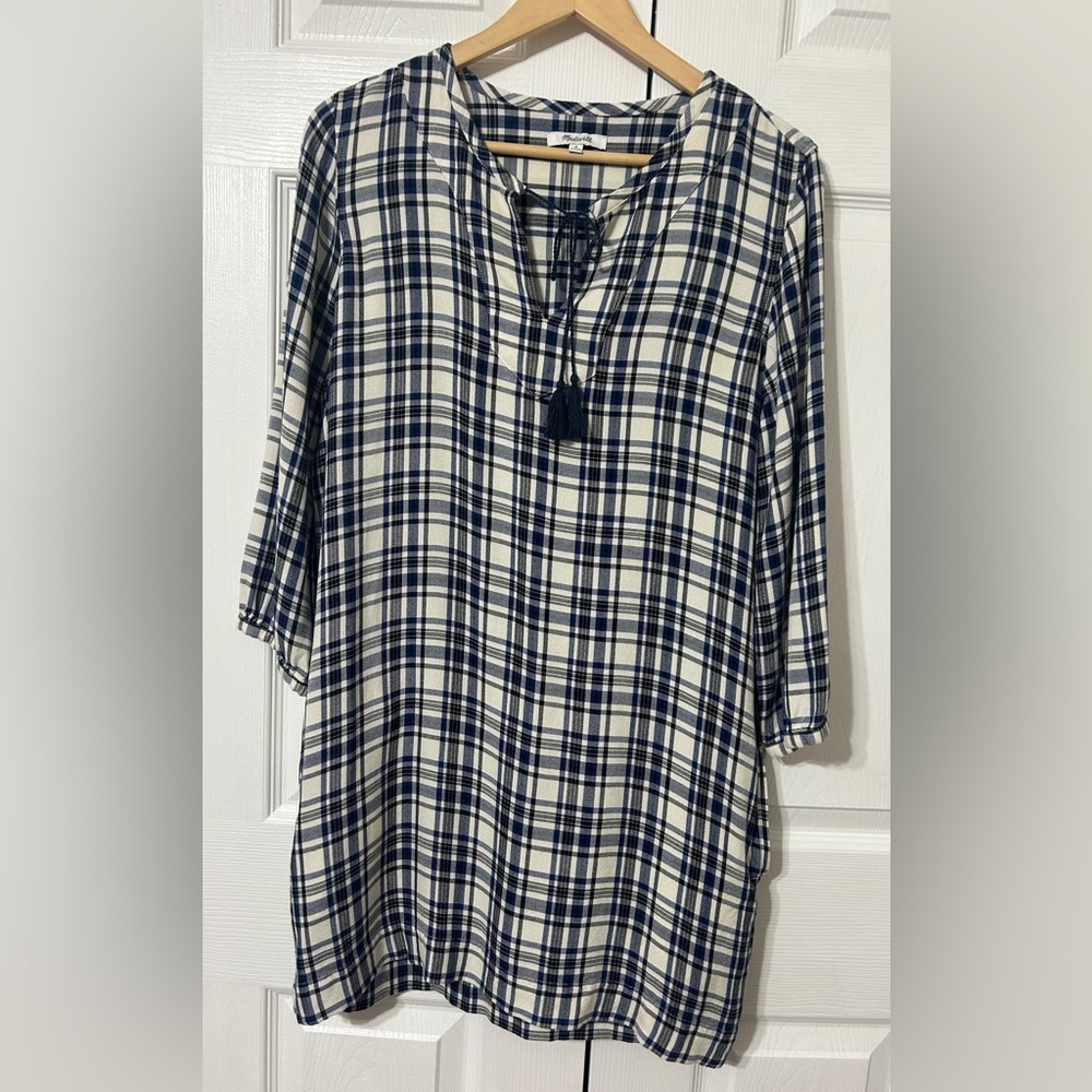 Madewell Women’s Artiste Soft Plaid Tunic Shirt Dress Navy Blue, Black, Cream M